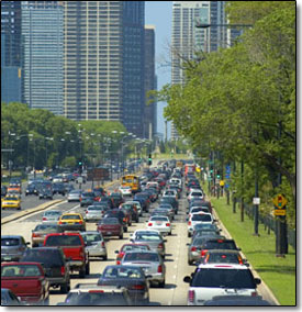 Cars in traffic in a city